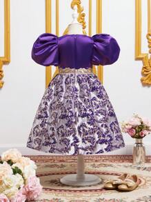 SHEIN 小女童1入組花卉圖案提花泡泡袖連衣裙 - 彩色 - 查看 2