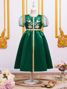 SHEIN Đầm Gái Thêu Dây kéo Tương phản Mesh Hoa Dễ thương - Màu xanh lá cây đậm - Xem 1
