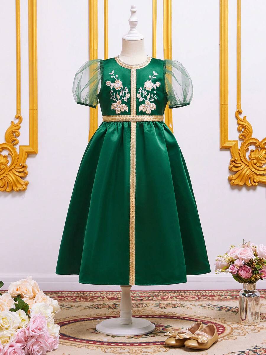 SHEIN Đầm Gái Thêu Dây kéo Tương phản Mesh Hoa Dễ thương - Màu xanh lá cây đậm - Xem 1