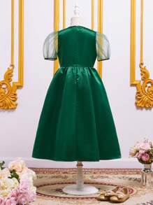 SHEIN Đầm Gái Thêu Dây kéo Tương phản Mesh Hoa Dễ thương - Màu xanh lá cây đậm - Xem 2