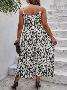 DreamSkyne Plus Allover Print Split Thigh Cami Dress For Summer - Black and White - View 3