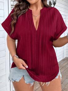 Calvaya 大碼缺口領蝙蝠袖襯衫 - 酒紅色 - 查看 1