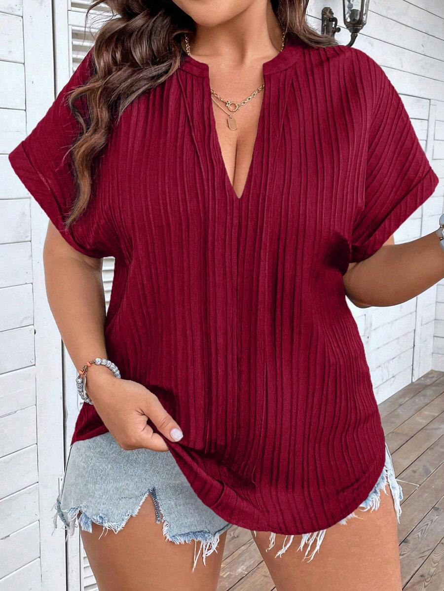 Calvaya 大碼缺口領蝙蝠袖襯衫 - 酒紅色 - 查看 1