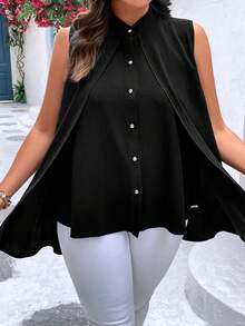SHEIN LUNE 大碼素色前紐扣無袖襯衫 - 黑色 - 查看 7