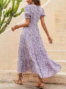 SHEIN VCAY Ditsy Floral Print Puff Sleeve Ruffle Hem Dress - Purple - View 2