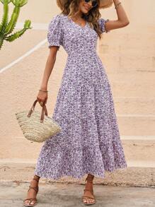 SHEIN VCAY Ditsy Floral Print Puff Sleeve Ruffle Hem Dress - Purple - View 3