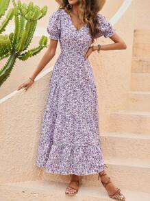 SHEIN VCAY Ditsy Floral Print Puff Sleeve Ruffle Hem Dress - Purple - View 4