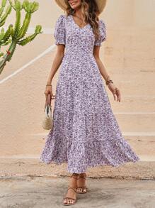 SHEIN VCAY Ditsy Floral Print Puff Sleeve Ruffle Hem Dress - Purple - View 6