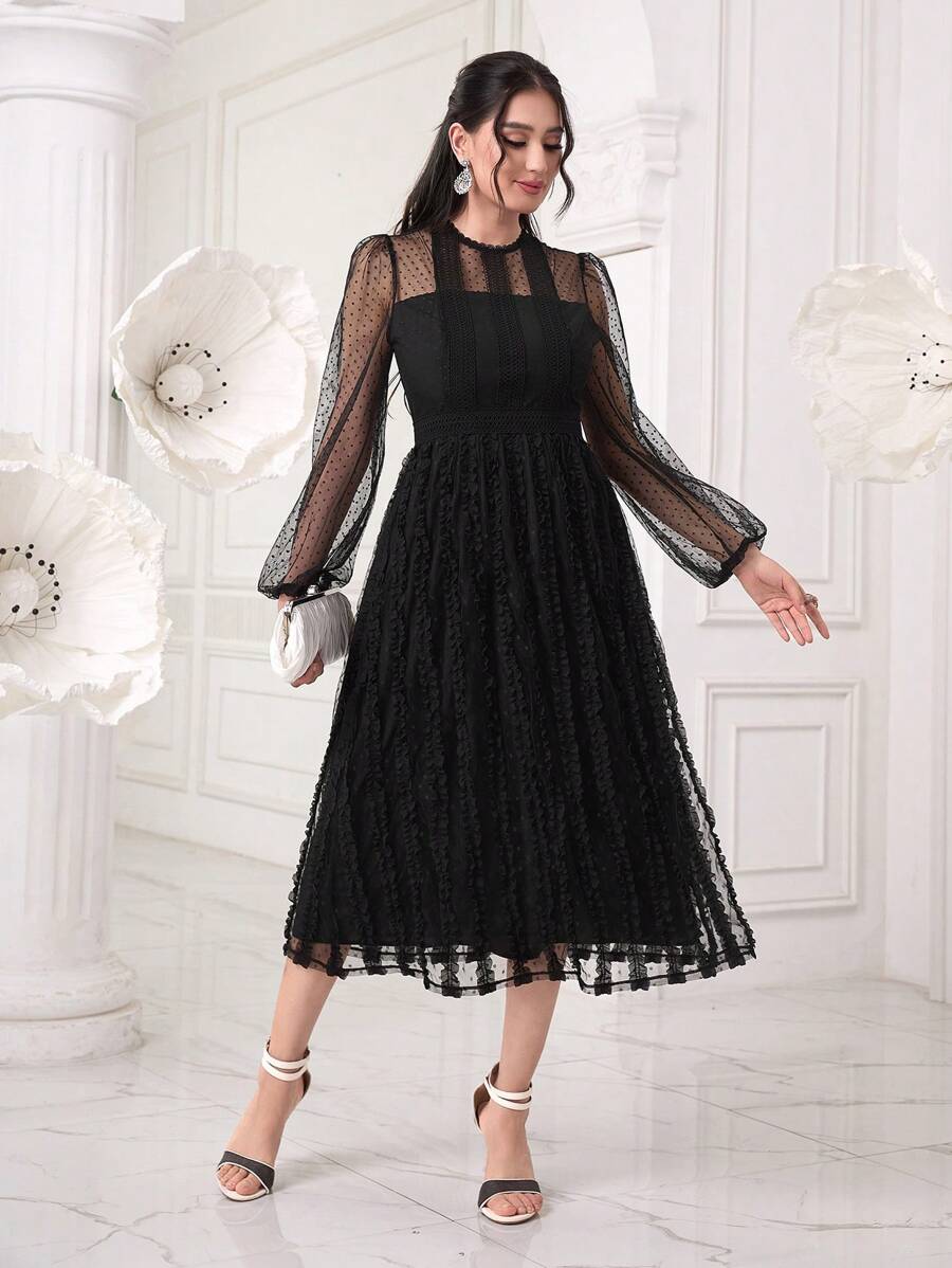 Modelyn Đầm Tương phản ren Tương phản Mesh viền lá sen cắt Dây kéo màu trơn Thanh lịch - màu đen - Xem 1