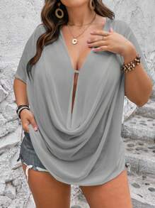 SHEIN Clasi Plus Solid Draped Front Tee - Light Grey - View 1
