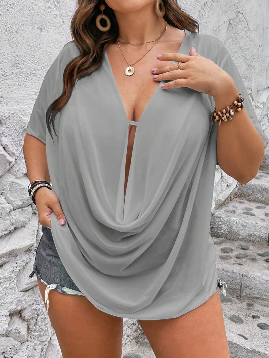 SHEIN Clasi Plus Solid Draped Front Tee - Light Grey - View 1