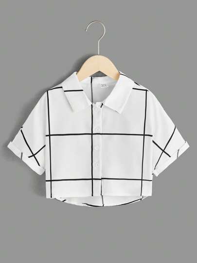 SHEIN Tween Girl Grid Print Button Up Blouse