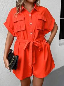 SHEIN LUNE Plus Flap Pocket Batwing Sleeve Belted Shirt Romper - Orange - View 5