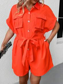 SHEIN LUNE Plus Flap Pocket Batwing Sleeve Belted Shirt Romper - Orange - View 6