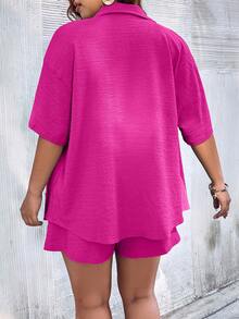 SHEIN LUNE Bộ thời trang Plus Size Nút phía trước màu trơn Giải trí - Màu Hồng Tươi - Xem 2