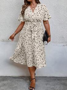 SHEIN Clasi Plus Allover Print Belted Dress - Apricot - View 1