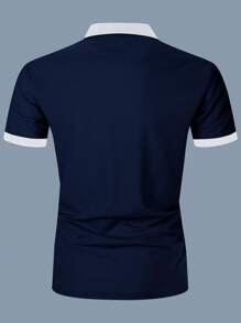 Manfinity Homme Áo thun có cổ Nam Dây kéo Lá thư Giải trí - Màu xanh hải quân - Xem 2