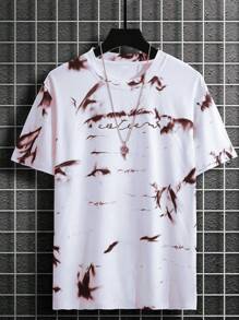 Manfinity LEGND Men Tie Dye Letter Graphic Tee, Pink And White Graphic Tee Men, Drop Shoulder Printed Tshirt For Men, Light Pink Graphic Shirt - Red and White - View 4