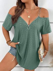 SHEIN LUNE Áo thun Plus size Chuỗi Cắt ra Nhẫn Dây kéo Tranh thêu màu trơn Giải trí - màu xanh lá - Xem 1