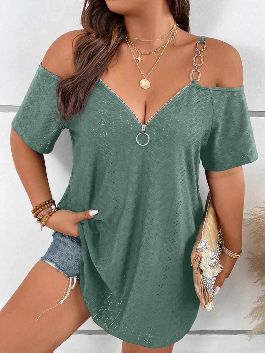 SHEIN LUNE Áo thun Plus size Chuỗi Cắt ra Nhẫn Dây kéo Tranh thêu màu trơn Giải trí - màu xanh lá - Xem 1