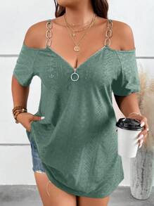 SHEIN LUNE Áo thun Plus size Chuỗi Cắt ra Nhẫn Dây kéo Tranh thêu màu trơn Giải trí - màu xanh lá - Xem 3
