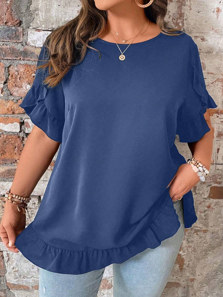 SHEIN LUNE 大码 V 领荷叶边拼接短袖和下摆荷叶边装饰花瓣袖宽松直筒休闲衬衫 - 霧霾藍 - 查看 1