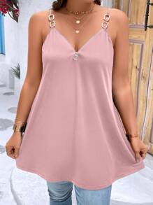 SHEIN LUNE Áo hai dây Plus Size Chuỗi Nhẫn Dây kéo màu trơn Giải trí - Bụi hồng - Xem 3