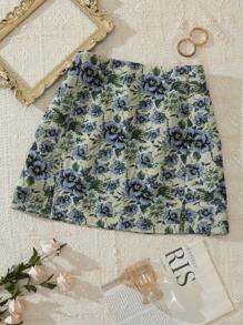 SHEIN Unity Plus Floral Print Split Hem Skirt - Multicolor - View 1