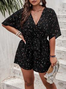 SHEIN LUNE 大碼滿版印花腰帶連身短褲 - 黑色 - 查看 3