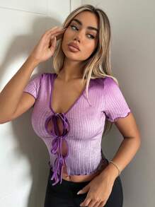 SHEIN ICON 漸層前繫帶木耳邊短款T恤 - 紫丁香色 - 查看 3