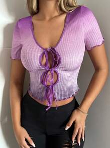 SHEIN ICON 漸層前繫帶木耳邊短款T恤 - 紫丁香色 - 查看 2