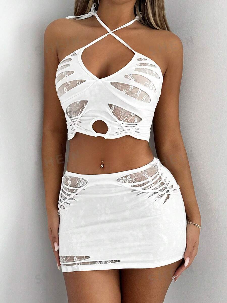 SHEIN ICON Top halter sin espalda entrecruzado y falda ajustada