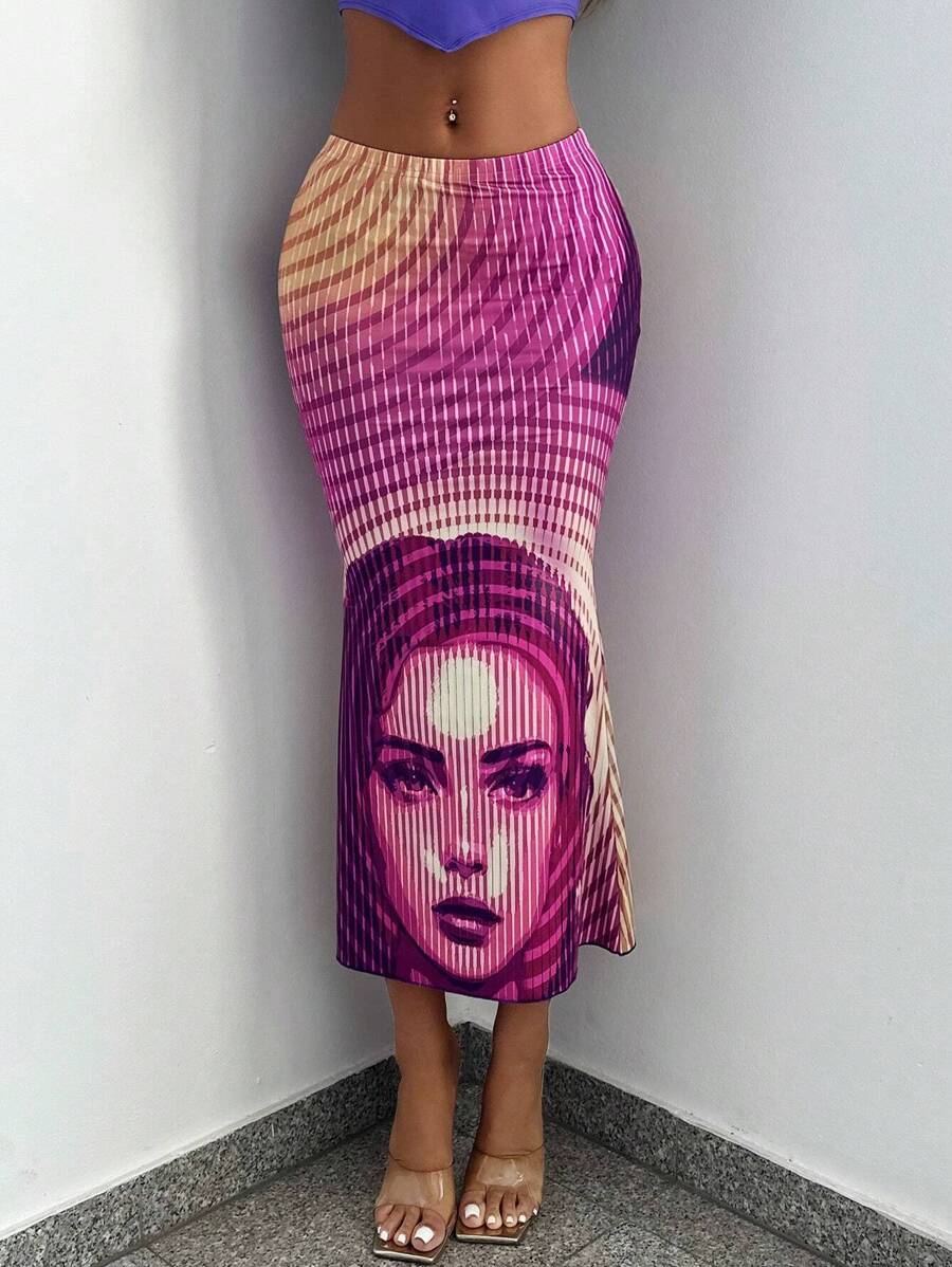 SHEIN ICON 人像圖案魚尾短裙 - 彩色 - 查看 1