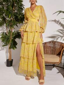 L'Amorae Print Lantern Sleeve Layer Hem Dress