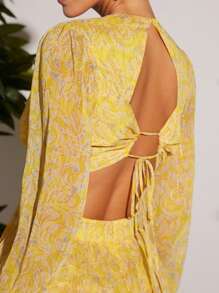 L'Amorae Print Lantern Sleeve Layer Hem Dress