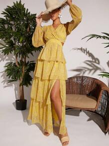 L'Amorae Print Lantern Sleeve Layer Hem Dress