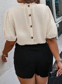 SHEIN LUNE 大碼圓點褶邊泡泡袖襯衫 - 卡其色 - 查看 3