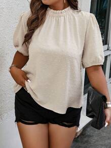 SHEIN LUNE 大碼圓點褶邊泡泡袖襯衫 - 卡其色 - 查看 5