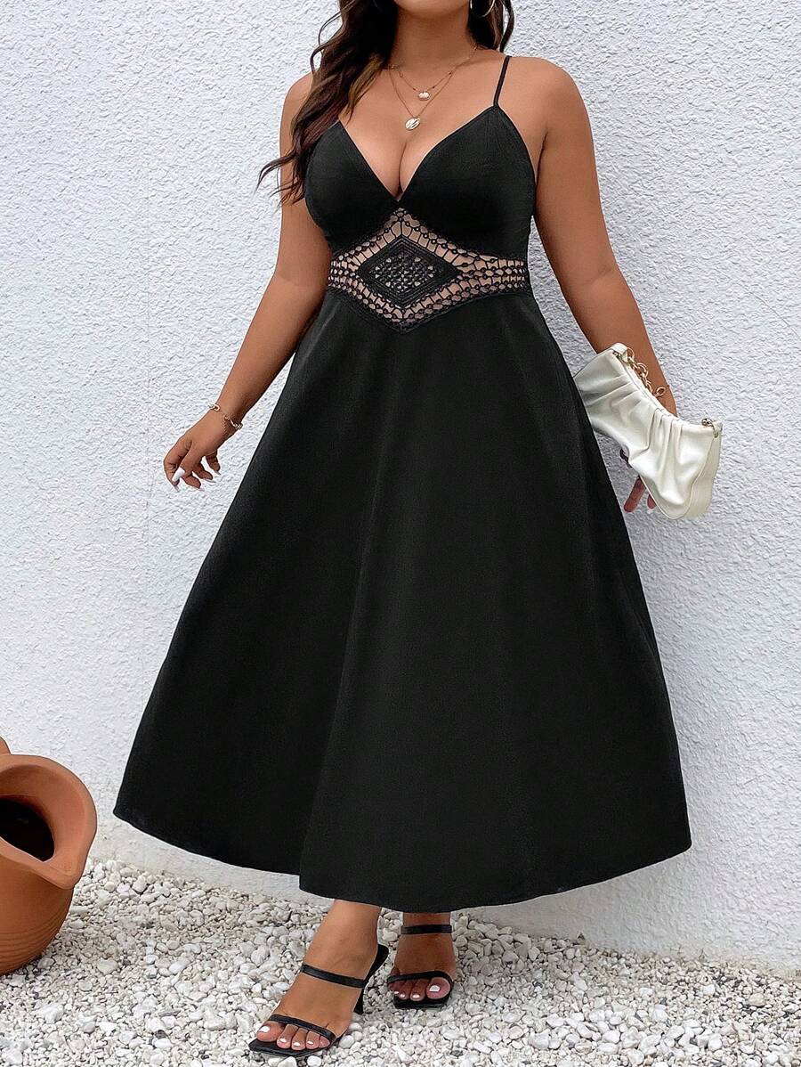 Breezaya Đầm Plus Size Lộ Lưng Tương phản ren màu trơn Giải trí - màu đen - Xem 1