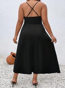 Breezaya Đầm Plus Size Lộ Lưng Tương phản ren màu trơn Giải trí - màu đen - Xem 2