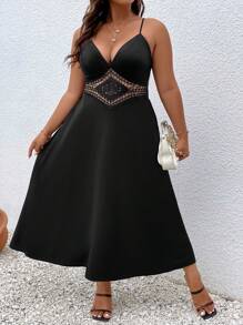 Breezaya Đầm Plus Size Lộ Lưng Tương phản ren màu trơn Giải trí - màu đen - Xem 3