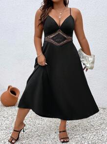 Breezaya Đầm Plus Size Lộ Lưng Tương phản ren màu trơn Giải trí - màu đen - Xem 6