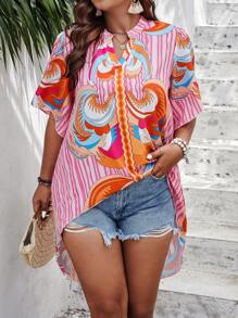 SHEIN Clasi 大碼條紋印花缺口領高低下擺襯衫 - 粉色 - 查看 2