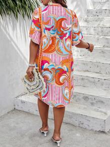 SHEIN Clasi 大碼條紋印花缺口領高低下擺襯衫 - 粉色 - 查看 3