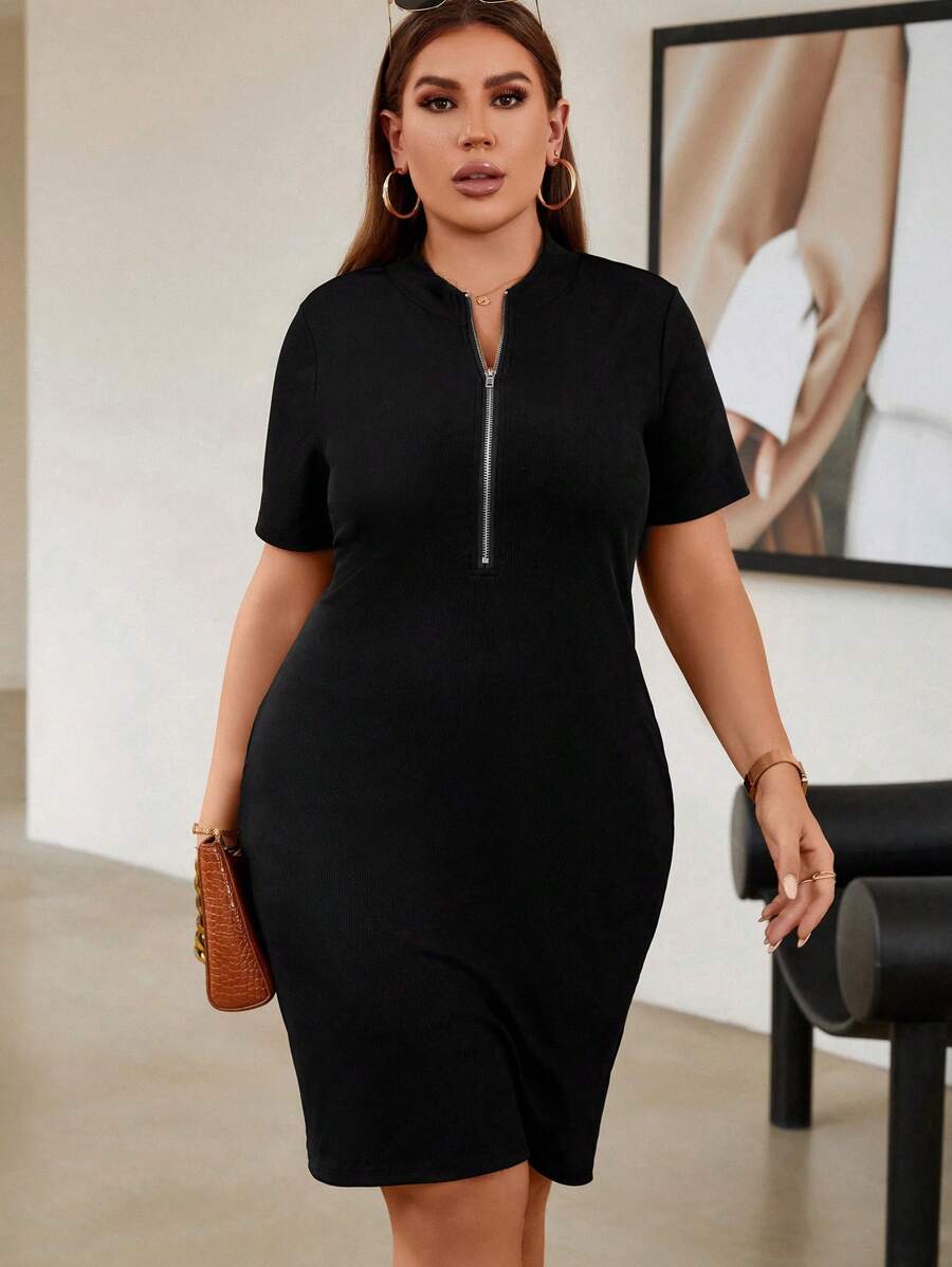 SHEIN Unity Đầm Plus Size Dây kéo màu trơn Giải trí - màu đen - Xem 1