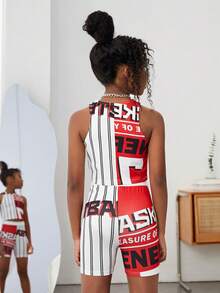 SHEIN 女孩條紋和字母圖案背心上衣和騎行褲