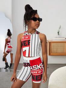 SHEIN 女孩條紋和字母圖案背心上衣和騎行褲