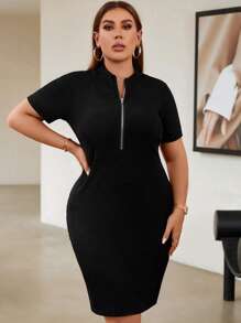 SHEIN Unity Đầm Plus Size Dây kéo màu trơn Giải trí - màu đen - Xem 3