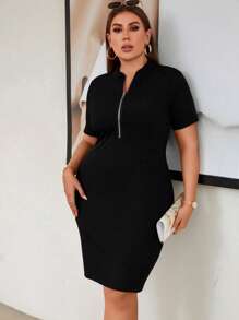 SHEIN Unity Đầm Plus Size Dây kéo màu trơn Giải trí - màu đen - Xem 5