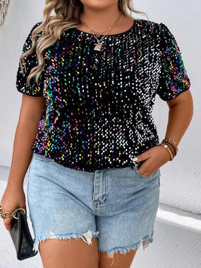 Rometta Camisa casual de manga corta con cuello redondo y decoración de lentejuelas, talla grande, para verano